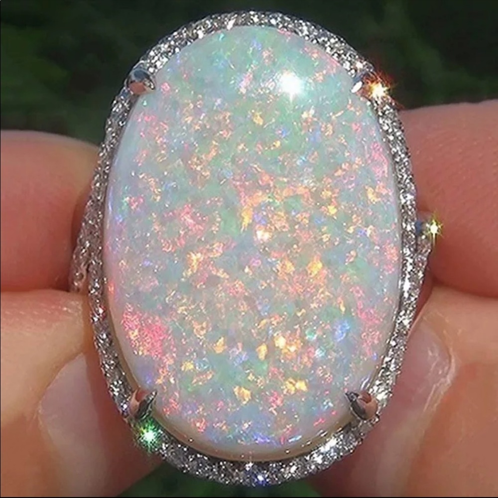¥ NEW HUGE OPAL DIAMOND SILVER HALO RING - Picture 4 of 5